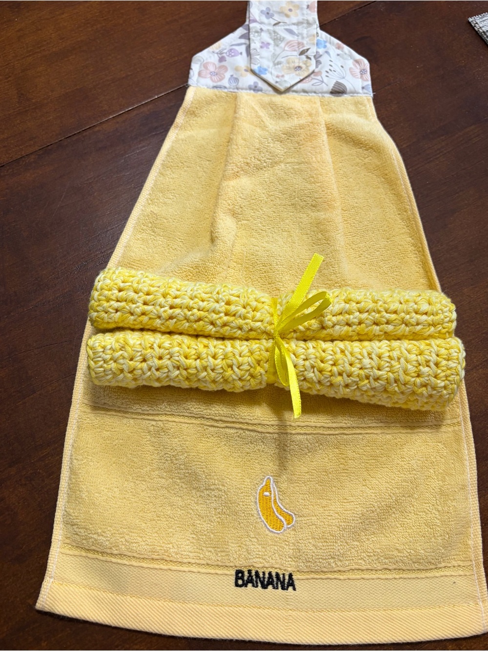 Yellow Banana Hanging Hand Towel with Crochet Dishcloths Set